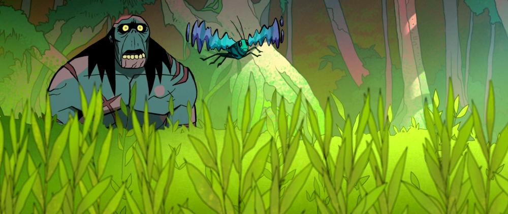 A zombie caveman looks bemused at a green grass hopper flying over a lush green meadow.