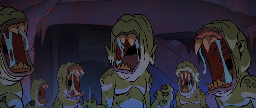 A crowd of goblin like creatures with only giant mouths for a face. All have their jaws wide open, salivating and showing their huge, spear-like teath.