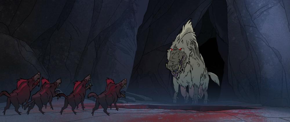 In a dark cavern, an colossal, old monster warthog shuffles towards a pit, the mouth of which is stained with blood. Four smaller, red warthogs bray at it.