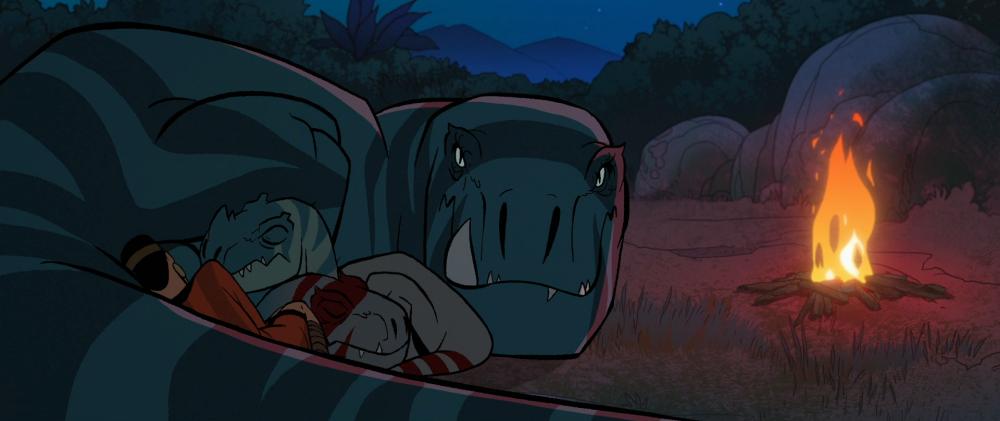 A fireside scene. A woman and two baby T-rex are asleep and cuddled up against the flank of a giant T-Rex, which is wide awake and looking menacingly right at the viewer.
