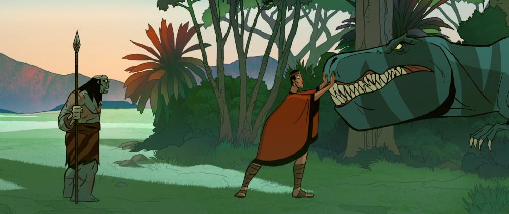 A zombie caveman looks bemused at a a very angry looking t-rex. A woman is stood between them trying to calm the dinosaur down by pushing it back by the nose.