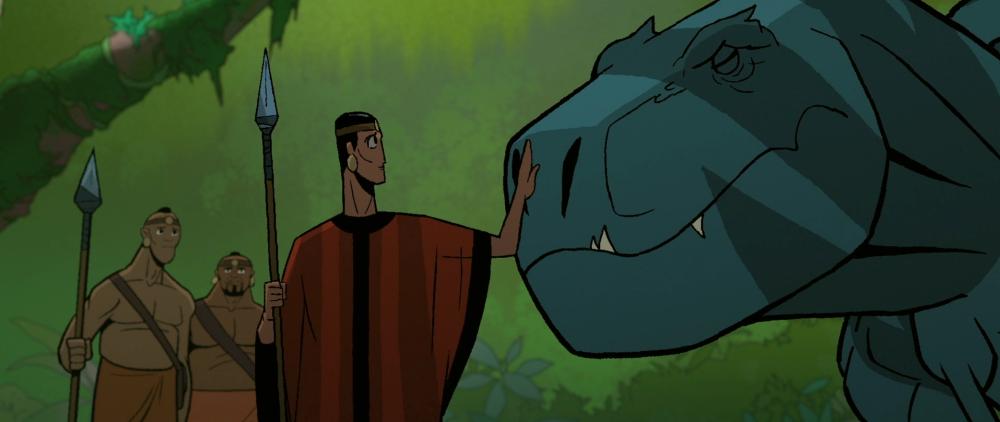 An african looking tribes-woman, holding a spear, placates and soothes a giant T-Rex by placing her palm on it's snout. It looks at peace.