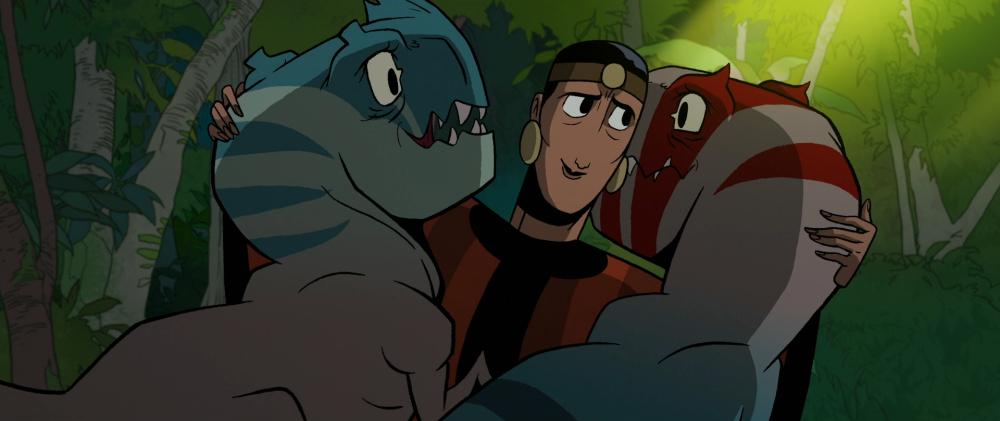 A black haired tribeswoman cuddles two baby T-rex, all of them look happy and content.