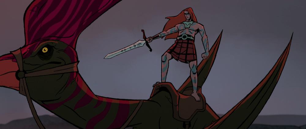 A man with ginger hair, blue body paint and a red kilt holds a broadsword whilst stood on top of a winged dinosaur that has a saddle on it's back.