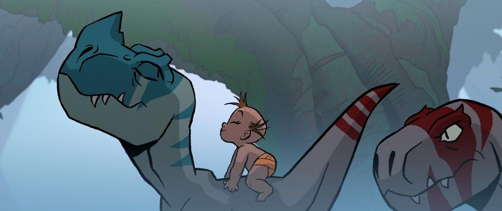 A tiny baby human rides on the back of a baby t-rex, both look very pleased with themselves. Another baby t-rex looks very jealous.