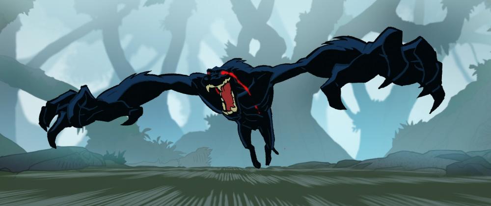 A long limbed, black, werewolf like thing with blood red eyes hurls itself out of the screen.