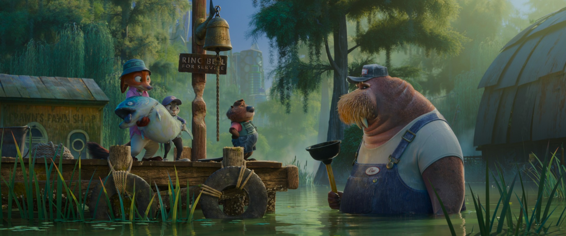 A run down jetty in a swamp. On the jetty are a cartoon fox, holding a dead fish, a rabbit and a beaver. They're all looking at a huge Walrus who has just emerged from the water. He's dressed like a plumber in denim dungarees and holding a plunger.