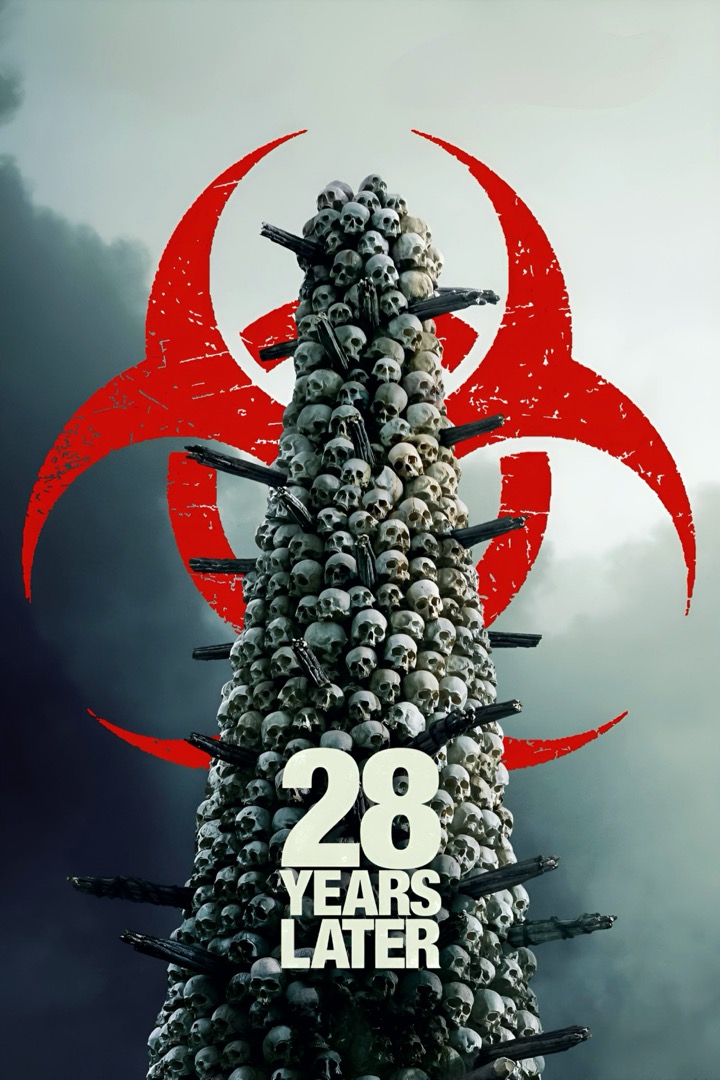 movie poster for the film 28 Years Later, depicting a pyramid of skulls several metres high