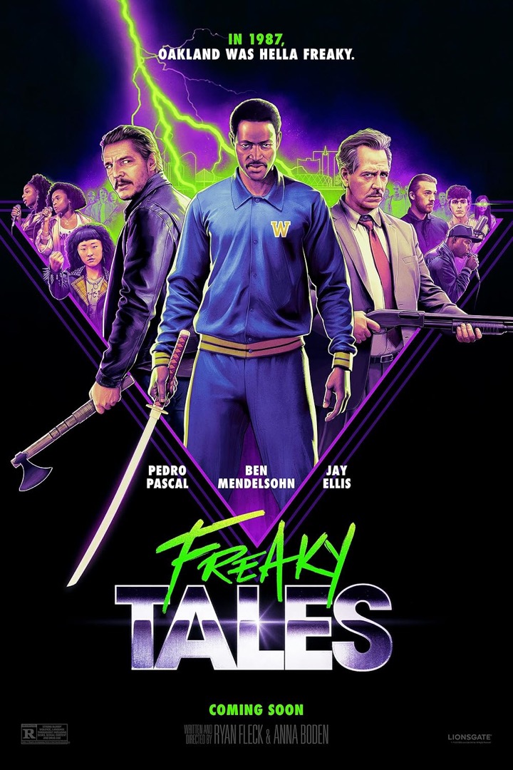 Eighties retro style poster of Freaky Tales, a painted picture of the main cast